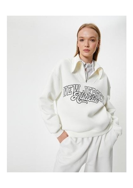 Kolej Sweatshirt Baskılı Yarım Fermuarlı Relax Fit Işlemeli Ribanalı