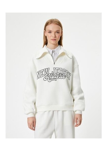 Kolej Sweatshirt Baskılı Yarım Fermuarlı Relax Fit Işlemeli Ribanalı