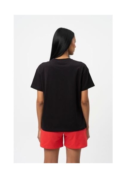 Siyah Baskılı Bisiklet Yaka Kısa Kollu Kadın T-shirt W50063