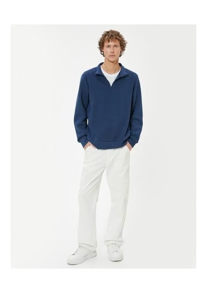 Yarım Fermuarlı Yaka Sweatshirt Uzun Kollu Şardonlu Pamuk Karışımlı