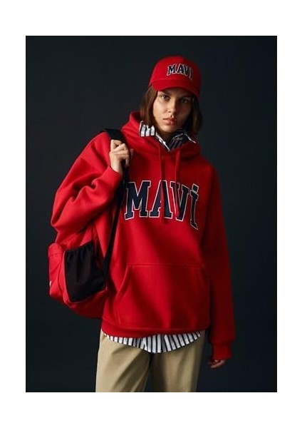 Mavi Logo Baskılı Kapüşonlu Kırmızı Sweatshirt 1600361-82054