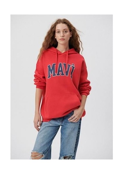 Mavi Logo Baskılı Kapüşonlu Kırmızı Sweatshirt 1600361-82054