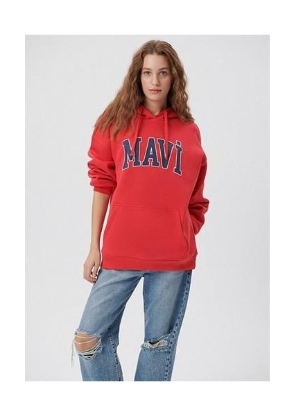 Mavi Logo Baskılı Kapüşonlu Kırmızı Sweatshirt 1600361-82054