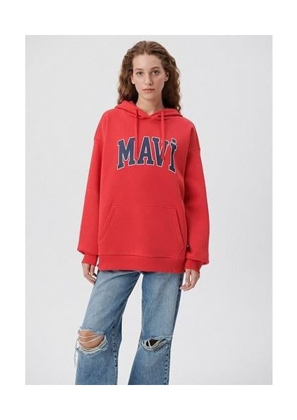 Mavi Logo Baskılı Kapüşonlu Kırmızı Sweatshirt 1600361-82054