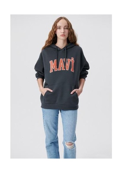 Mavi Logo Baskılı Kapüşonlu Antrasit Sweatshirt 1600361-80106