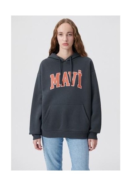 Mavi Logo Baskılı Kapüşonlu Antrasit Sweatshirt 1600361-80106
