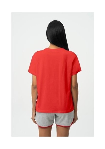 Kırmızı Bisiklet Yaka Baskılı Kısa Kollu Kadın T- Shirt W50061