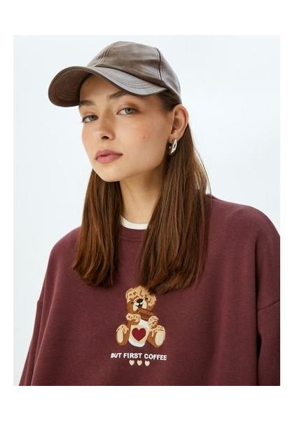 Ayı Işlemeli Sloganlı Bisiklet Yaka Şardonlu Oversize Sweatshirt