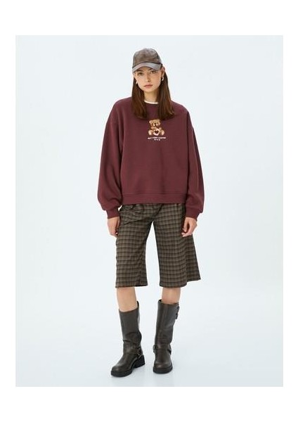 Ayı Işlemeli Sloganlı Bisiklet Yaka Şardonlu Oversize Sweatshirt
