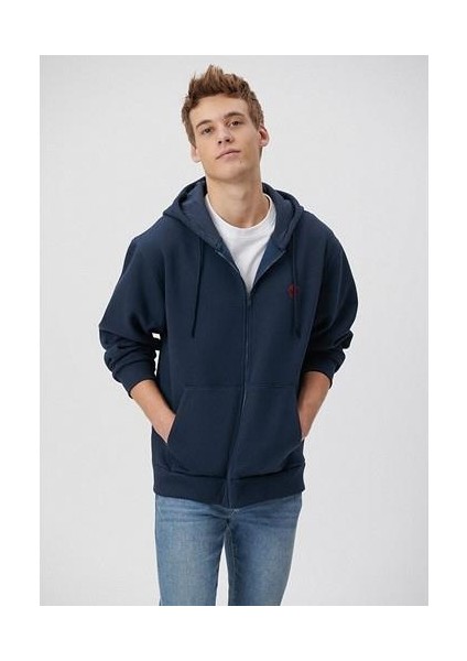 Erkek Mavi Logolu Kapüşonlu Fermuarlı Lacivert Sweatshirt 066979-70490