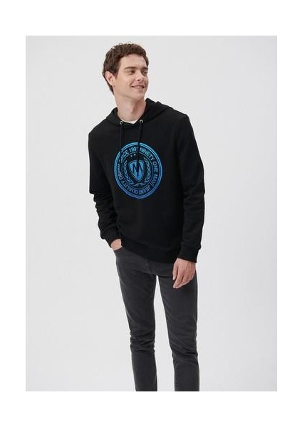 Mühür Logo Baskılı Kapüşonlu Siyah Sweatshirt 0611721-900