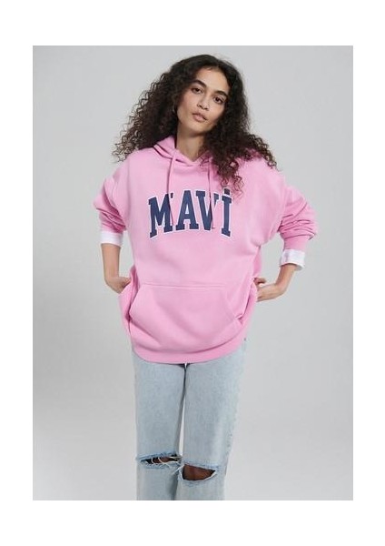 Mavi Logo Baskılı Kapüşonlu Pembe Sweatshirt 1600361-71038