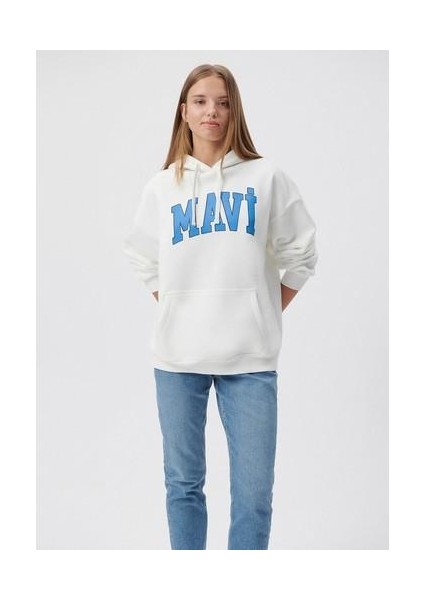 Mavi Logo Baskılı Kapüşonlu Beyaz Sweatshirt 1600361-81964