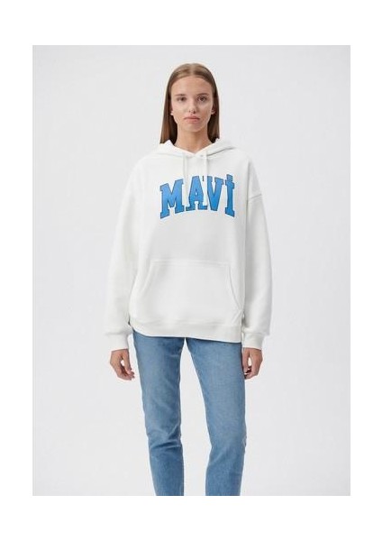 Mavi Logo Baskılı Kapüşonlu Beyaz Sweatshirt 1600361-81964