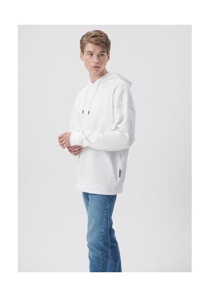 Erkek Kapüşonlu Beyaz Basic Sweatshirt 0610062-620