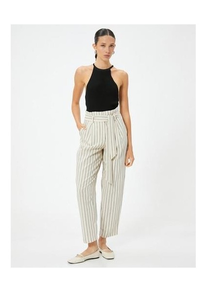 Keten Karışımlı Balon Pantolon Yüksek Belli Cepli Kemer Detaylı