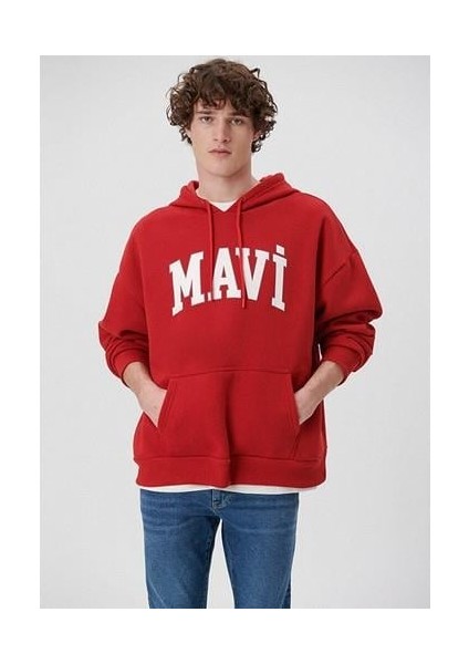 Mavi Logo Baskılı Kapüşonlu Kırmızı Sweatshirt 067149-86417