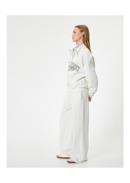 Kolej Sweatshirt Baskılı Yarım Fermuarlı Relax Fit Işlemeli Ribanalı