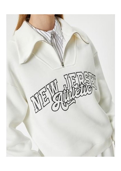 Kolej Sweatshirt Baskılı Yarım Fermuarlı Relax Fit Işlemeli Ribanalı