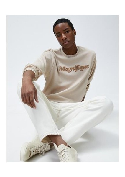 Yazı Baskılı Sweatshirt Bisiklet Yaka