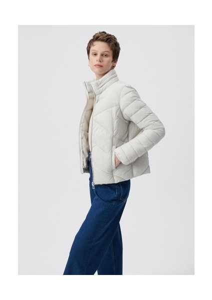 Dik Yaka Bej Şişme Mont 110698-27105