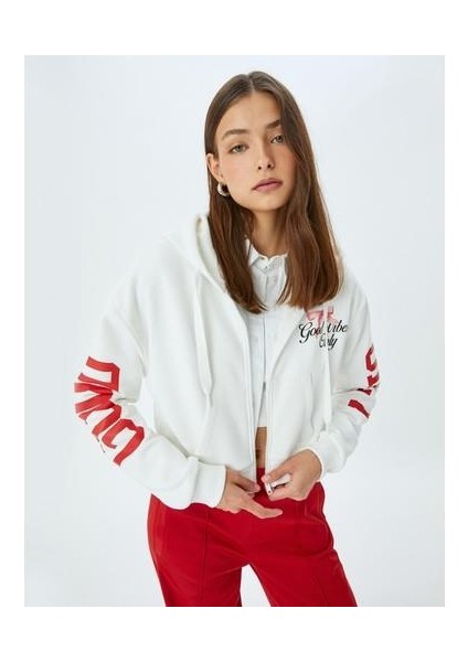 Arkası Baskılı Kapüşonlu Fermuarlı Cepli Sweatshirt