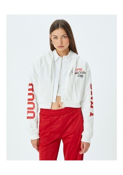 Arkası Baskılı Kapüşonlu Fermuarlı Cepli Sweatshirt