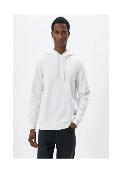 Koton Erkek Basic Kapşonlu Sweat Uzun Kollu Ekru