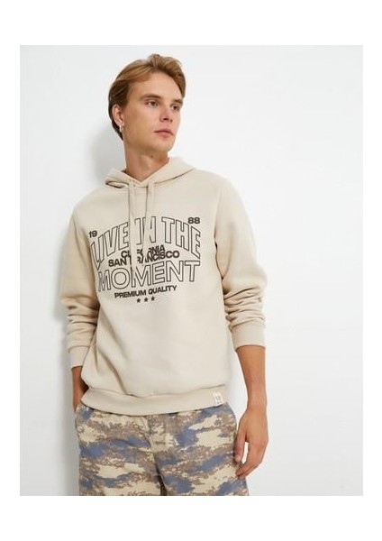 Kapşonlu Sweatshirt İşleme Detaylı Uzun Kollu