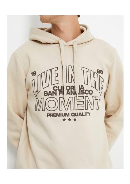 Kapşonlu Sweatshirt İşleme Detaylı Uzun Kollu