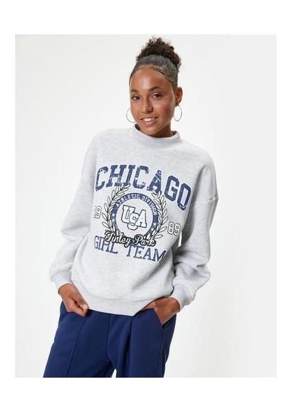 Oversize Sweatshirt Kolej Baskılı Bisiklet Yaka Şardonlu