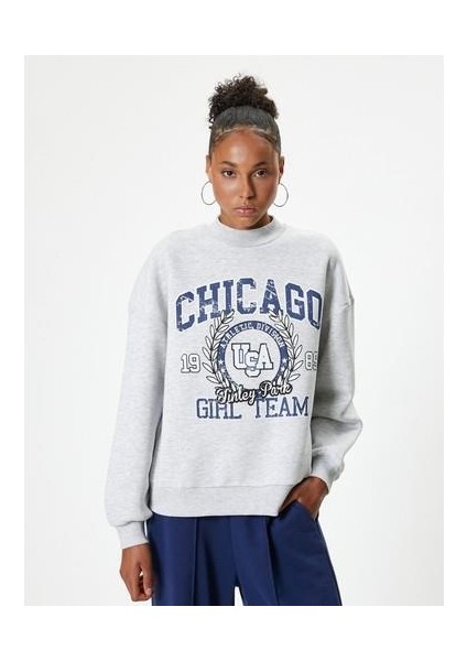 Oversize Sweatshirt Kolej Baskılı Bisiklet Yaka Şardonlu