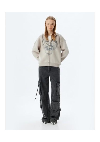 Oversize Fermuarlı Sweatshirt Kapüşonlu Cep Detaylı Baskılı