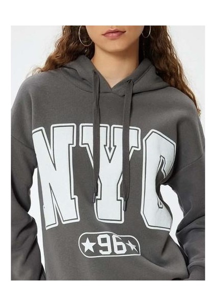 Oversize Kapüşonlu Sweatshirt Kolej Baskılı Şardonlu - Koton - 5WAL10165IK - Antrasit - Xl