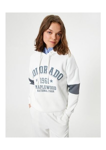 Oversize Kolej Baskılı Sweatshirt Kapüşonlu Renk Bloklu