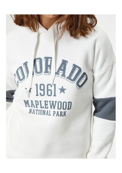 Oversize Kolej Baskılı Sweatshirt Kapüşonlu Renk Bloklu