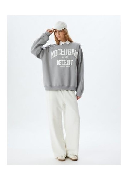 Bisiklet Yaka Sweatshirt Oversize Kolej Baskılı Uzun Kollu Şardonlu