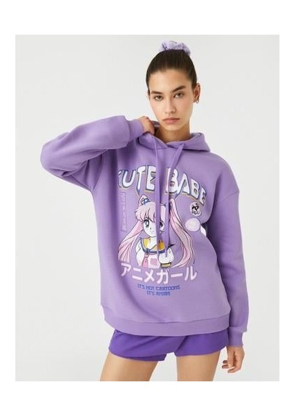 Anime Sweatshirt Oversize Baskılı Kapüşonlu Ribanalı