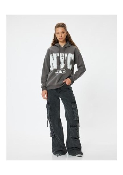 Oversize Kapüşonlu Sweatshirt Kolej Baskılı Şardonlu