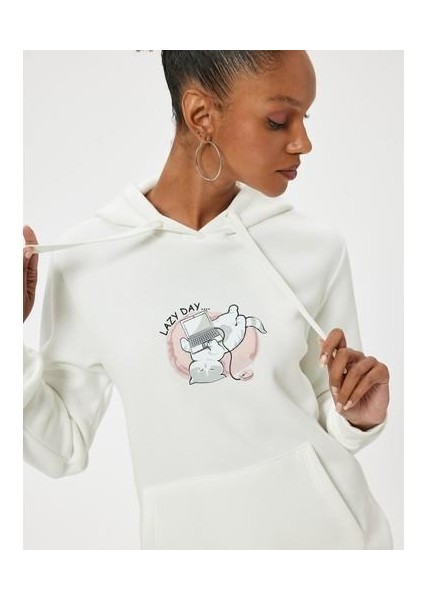 Oversize Kapüşonlu Sweatshirt Kanguru Cep Detaylı Baskılı Şardonlu