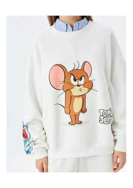 Tom ve Jerry Baskılı Bisiklet Yaka Şardonlu Rahat Kalıp Lisanslı Sweatshirt - Koton - 5WAL10195IK - Ekru - S