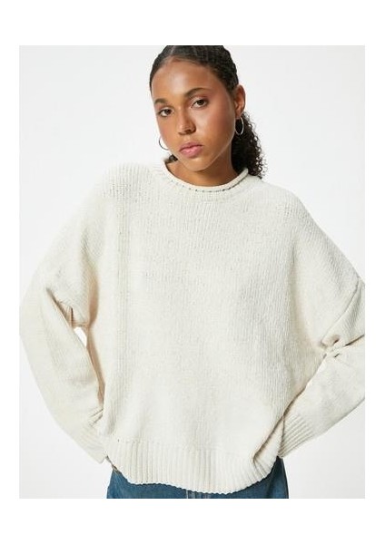 Basic Triko Kazak Bisiklet Yaka Uzun Kollu Düşük Omuzlu