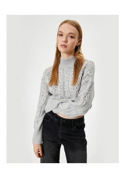 Ajurlu Triko Kazak Boncuk Işlemeli Dik Yaka