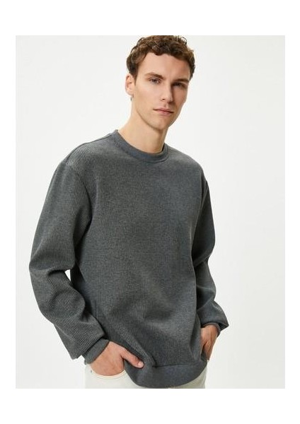 Basic Kazak Bisiklet Yaka Dokulu Uzun Kollu