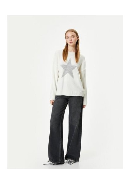 Yıldız Desenli Kazak Uzun Kollu Bisiklet Yaka Yumuşak Dokulu