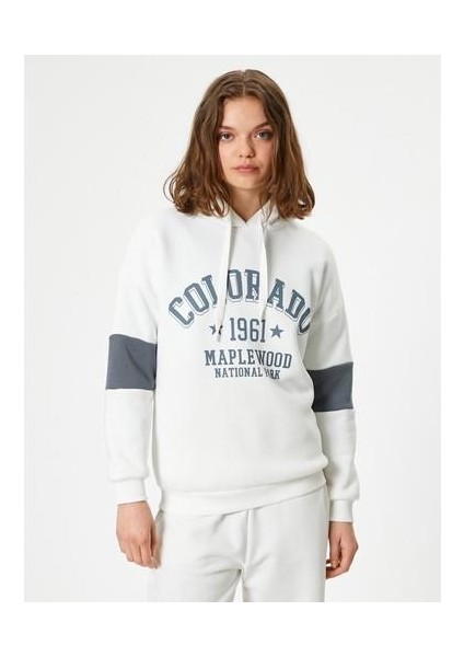 Oversize Kolej Baskılı Sweatshirt Kapüşonlu Renk Bloklu