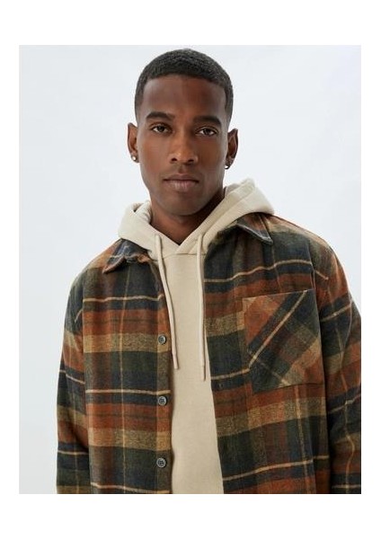 5WAM60015HW 2c1 Turuncu Ekose Erkek Akrılık Dokuma Uzun Kollu Gomlek