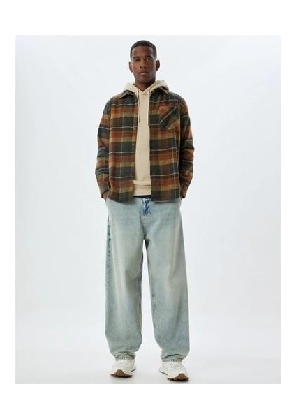 5WAM60015HW 2c1 Turuncu Ekose Erkek Akrılık Dokuma Uzun Kollu Gomlek