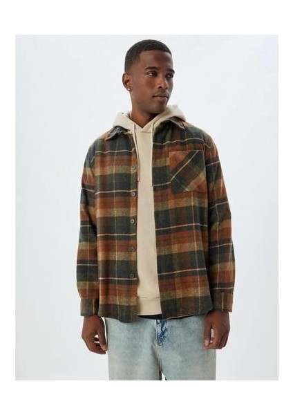 5WAM60015HW 2c1 Turuncu Ekose Erkek Akrılık Dokuma Uzun Kollu Gomlek