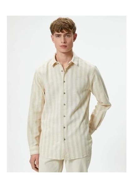 4SAM60010HW Koton Erkek Gömlek Ekru Çizgili